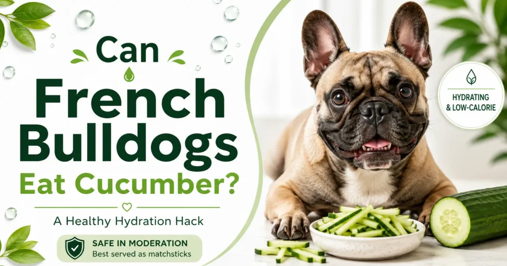 French Bulldog happily eating a fresh cucumber slice, demonstrating a safe and hydrating snack for dogs. with text overlay " can french bulldogs eat cucumber "