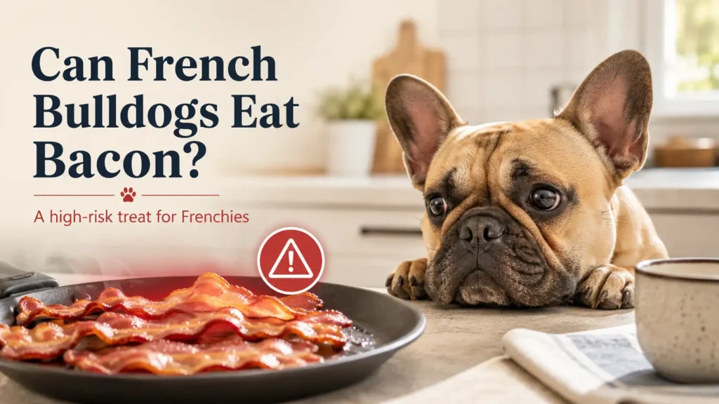 French Bulldog looking at crispy bacon on a breakfast table. with text overlay " can french bulldogs eat bacon "