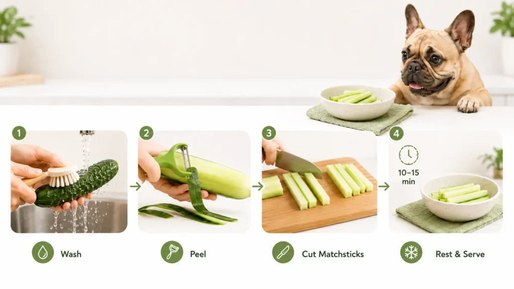 can french bulldogs eat cucumber safely ? Step-by-step cucumber preparation for French Bulldogs showing washing, peeling, cutting into matchsticks, and serving chilled