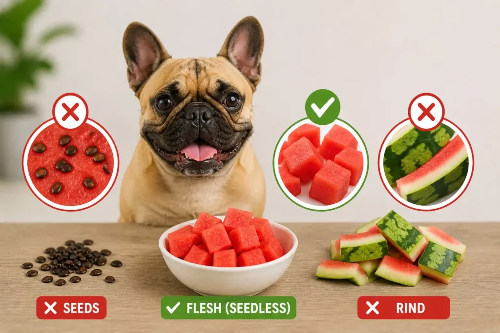 Can French Bulldogs eat watermelon? Infographic showing safe seedless flesh vs dangerous seeds and rind.
