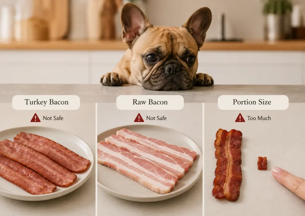 Can Frenchies Eat Turkey Bacon? Can Frenchies Eat Raw Bacon? Visual guide showing bacon loopholes and why both options are unsafe for French Bulldogs.