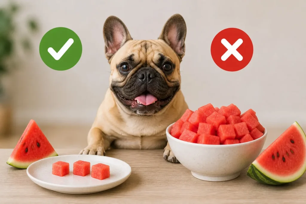 French Bulldog portion control for watermelon showing small safe serving vs large unsafe bowl.

