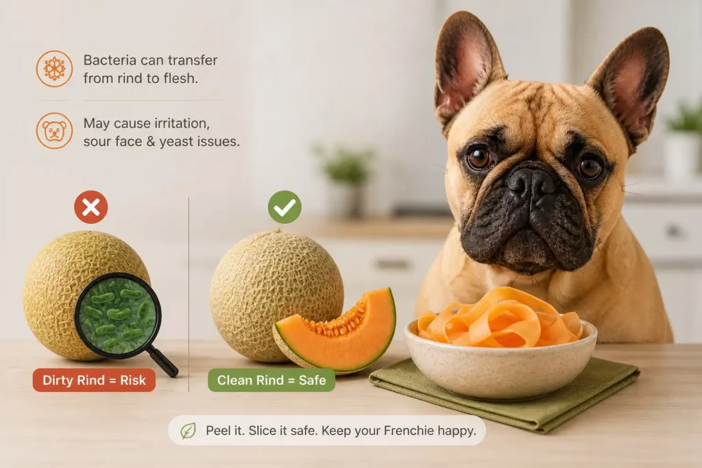 Cantaloupe rind bacteria risk near french bulldog highlighting hygiene and wrinkle care