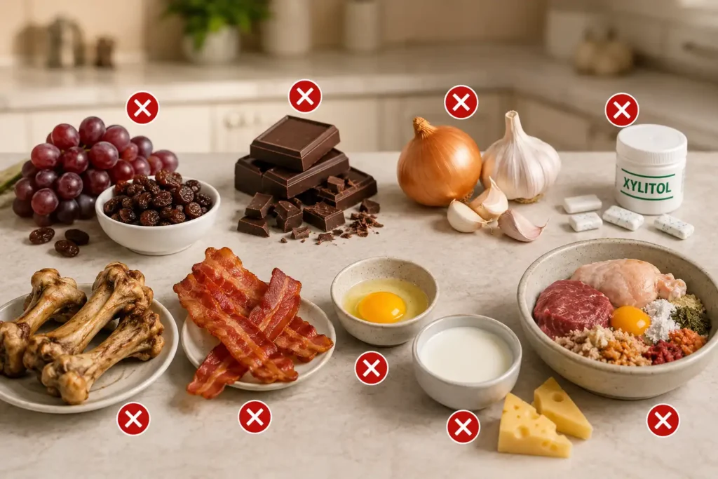 Unsafe foods for a pregnant French Bulldog, including grapes, raisins, chocolate, onions, garlic, xylitol, cooked bones, bacon, raw egg, dairy, and raw homemade food marked with warning symbols