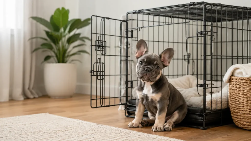 French Bulldog puppy sitting calmly beside an open crate during crate training