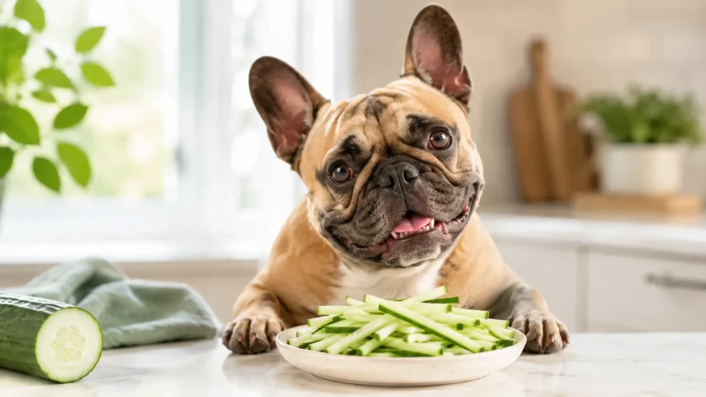 French Bulldog enjoying a cucumber snack 