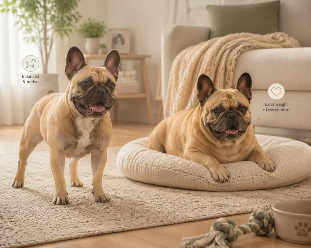 Healthy weight comparison of two French Bulldogs in a cozy living room, showing one balanced and active Frenchie and one heavier Frenchie with less comfort.