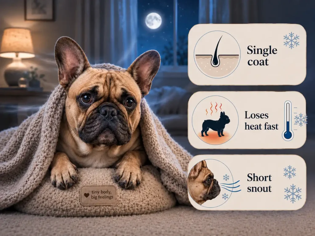 Nighttime infographic showing a French Bulldog under a cozy blanket with three cold-sensitivity factors: single coat, loses heat fast, and short snout