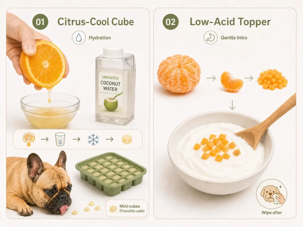 “Two safe orange recipe ideas for French Bulldogs: mini electrolyte cubes and a low-acid yogurt topper”