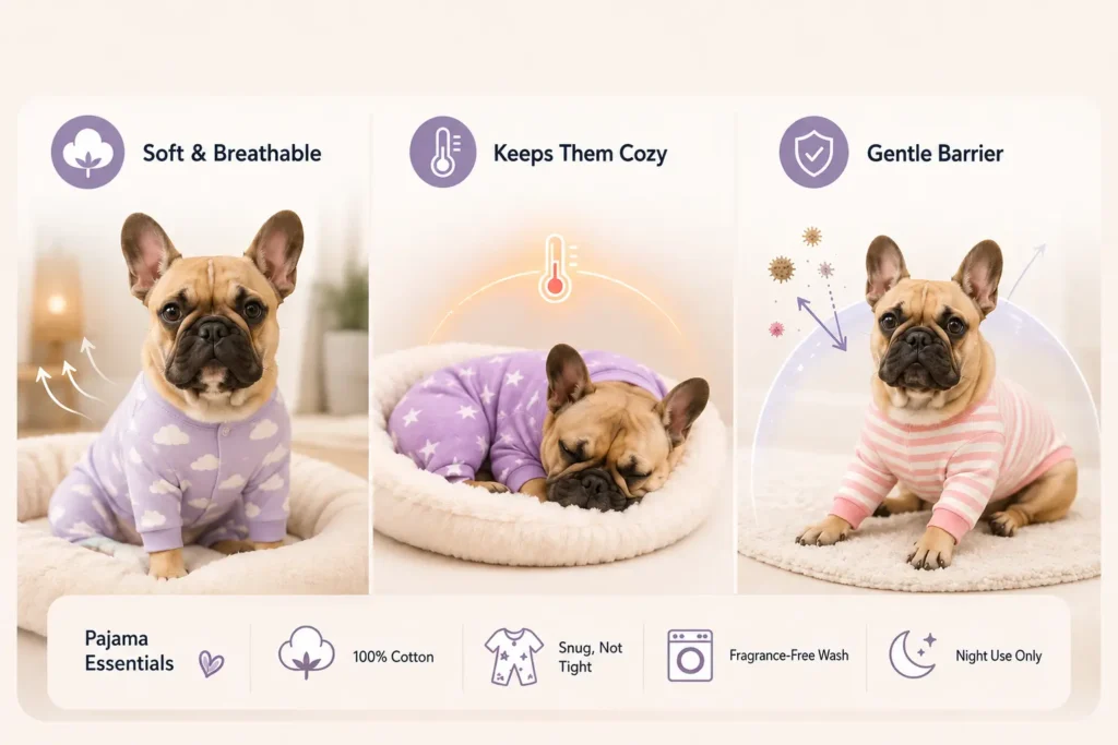French Bulldog pajama guide showing soft breathable cotton pajamas, cozy nighttime wear, gentle skin protection, snug fit, fragrance-free washing, and night-use-only tips.