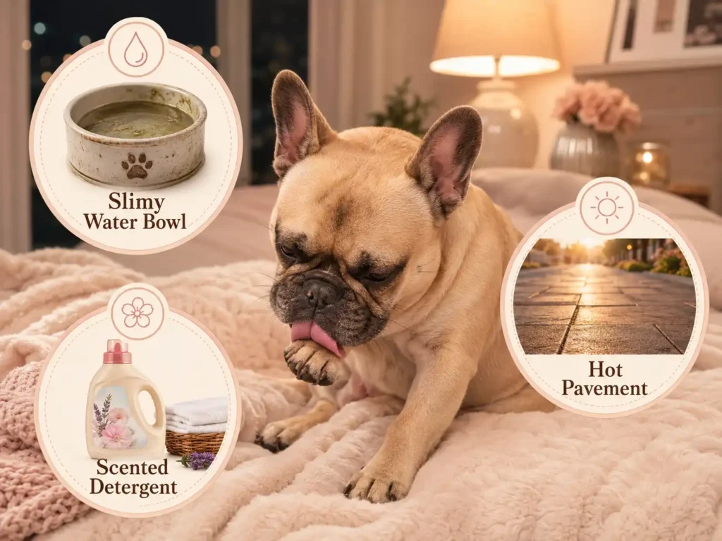 French Bulldog licking its paw with hidden triggers including slimy water bowl, scented detergent, and hot pavement