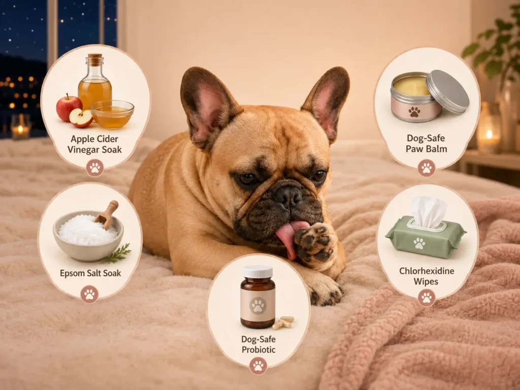 French Bulldog licking paw with home remedies including apple cider vinegar soak, Epsom salt soak, paw balm, chlorhexidine wipes, and probiotic