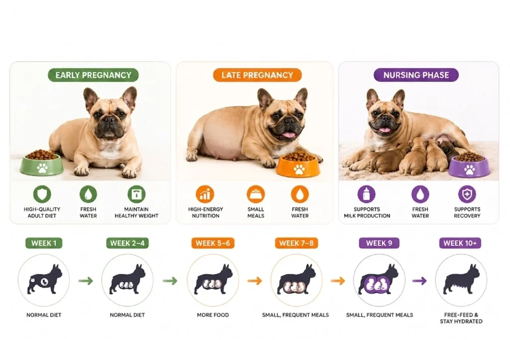 French Bulldog week-by-week pregnancy feeding and nutrition timeline chart.