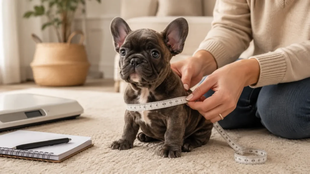 French Bulldog puppy being measured during an early growth check