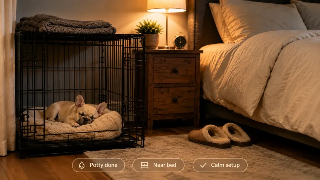 French Bulldog puppy sleeping in an open crate near the bed after potty during night crate training