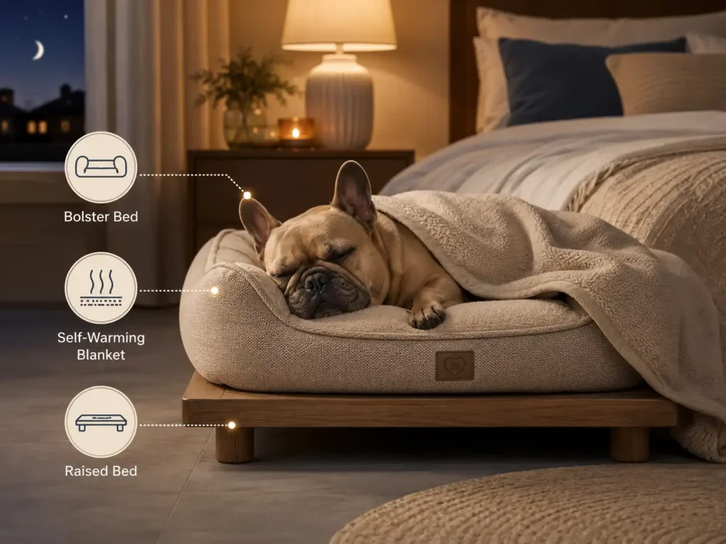 French Bulldog sleeping in a cozy nighttime setup featuring a bolster bed, self-warming blanket, and raised bed to protect against cold drafts.