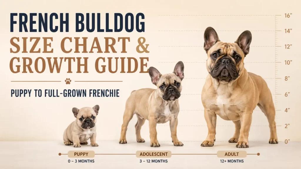 French Bulldog size chart showing puppy, adolescent, and adult growth stages