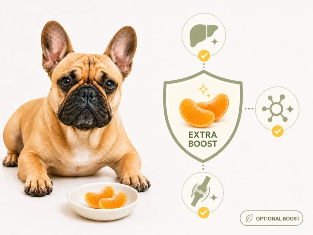 “French Bulldog with orange segments illustrating optional Vitamin C and antioxidant support”