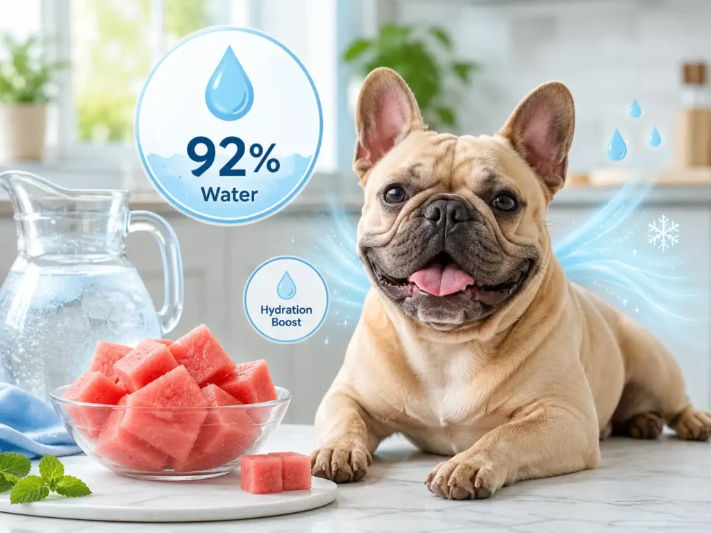 Happy French Bulldog beside three small watermelon cubes illustrating watermelon’s 92 percent water content