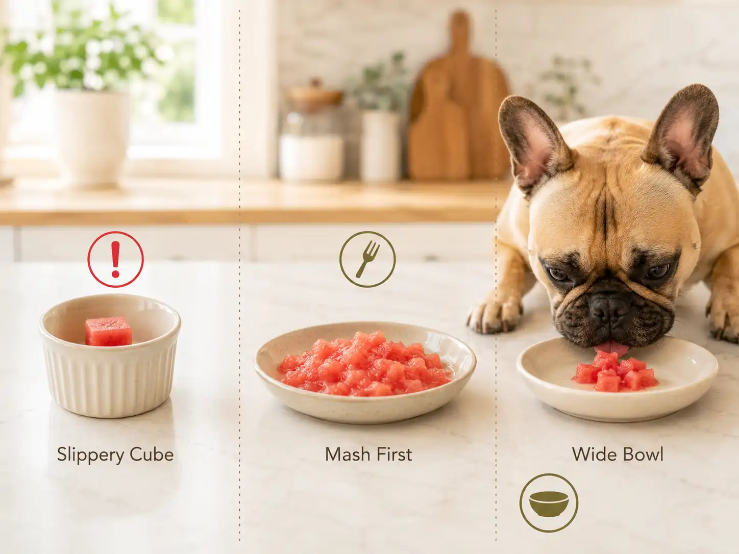 Three-panel image showing safe watermelon feeding methods for French Bulldogs: slippery cube warning, mashed watermelon, and a wide bowl