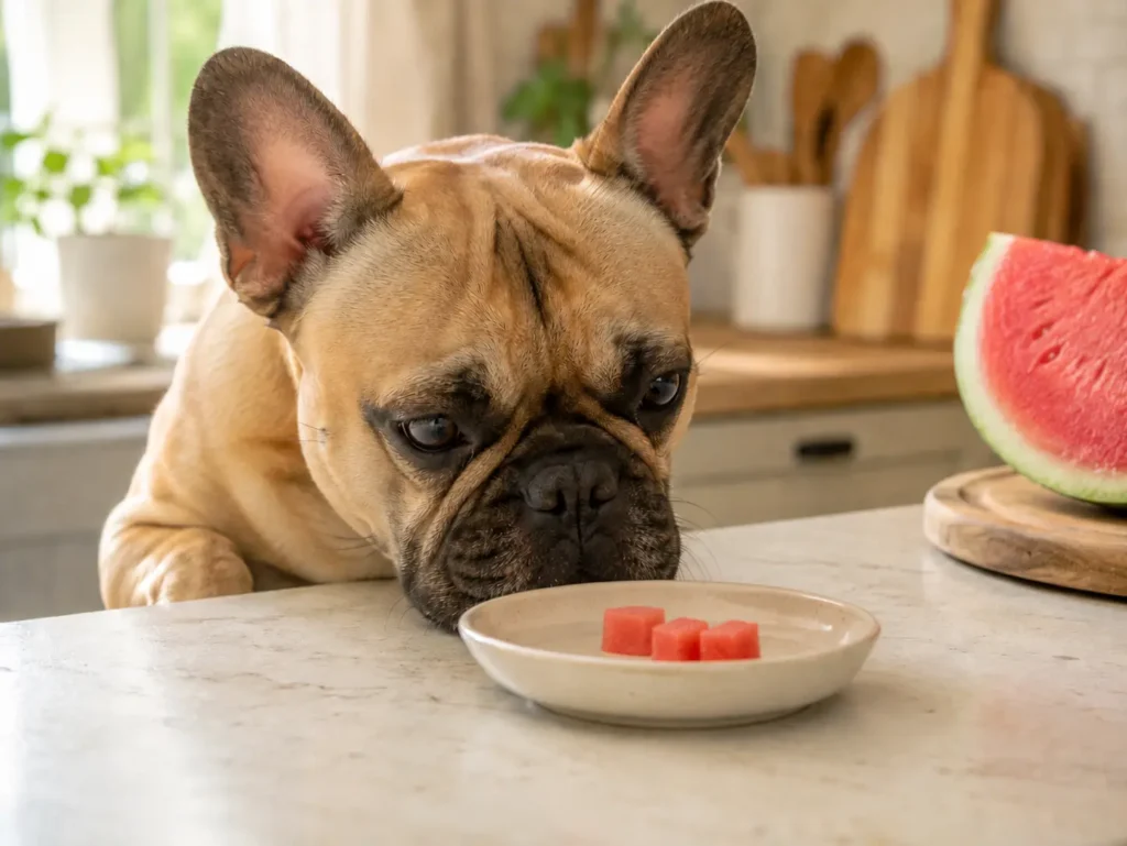 French Bulldog sniffing a small safe serving of seedless watermelon cubes