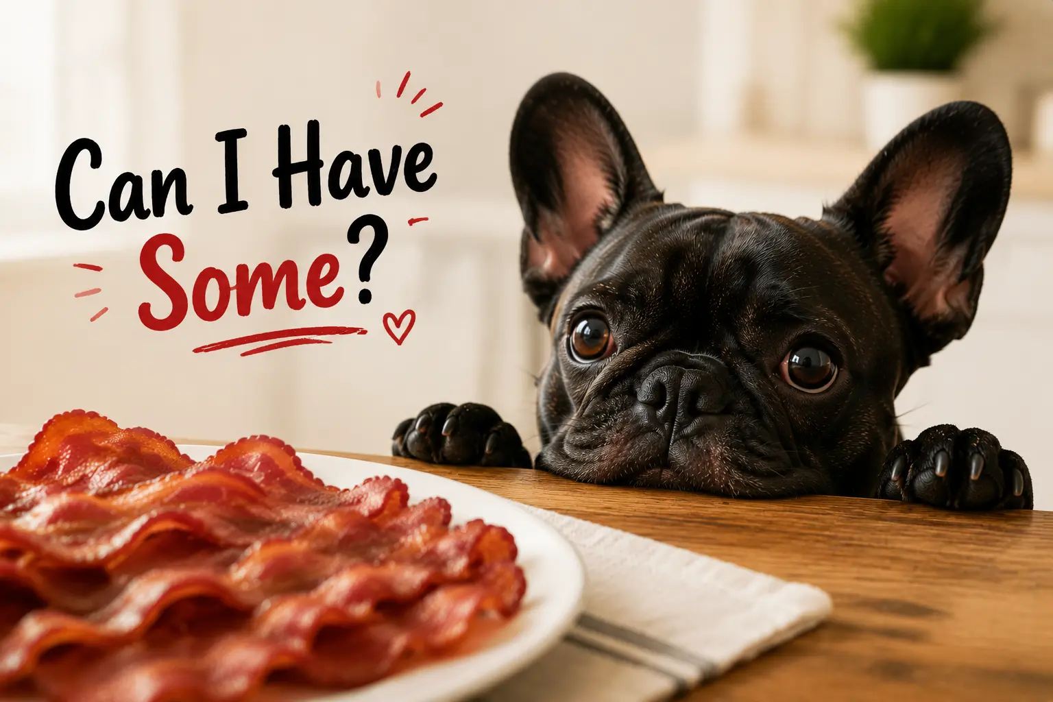 Black French Bulldog begging for bacon