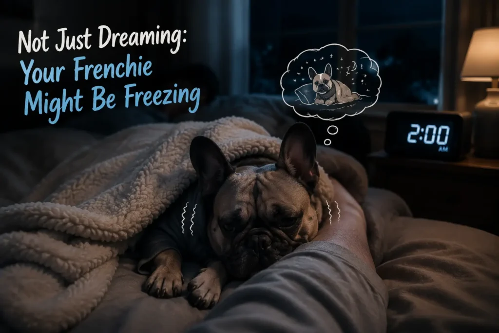A French Bulldog curled up under a blanket in a cozy bedroom, with a thought bubble showing the dog dreaming of warmth. The clock reads 2:00 AM, suggesting the dog's coldness in the night.