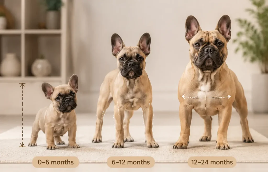 Infographic showing French Bulldog puppy growth stages from birth to 24 months, highlighting skeletal growth, height stabilization, and muscle & chest filling phases.