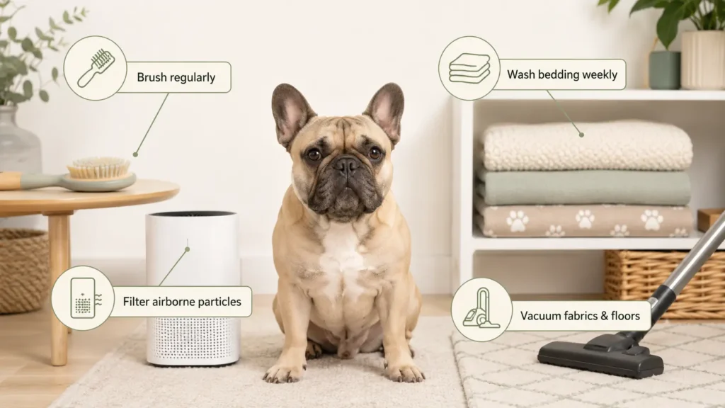 French Bulldog at home with allergen-control tips including brushing regularly, washing bedding weekly, using an air purifier, and vacuuming fabrics and floors.