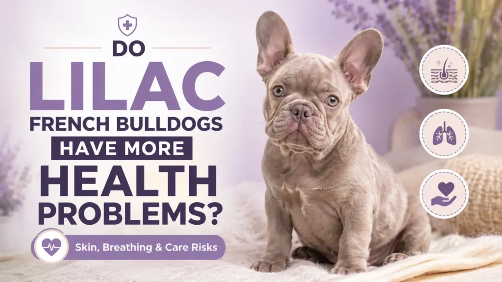 Lilac French Bulldog puppy with a health-focused featured image design about common health issues, skin concerns, and care tips