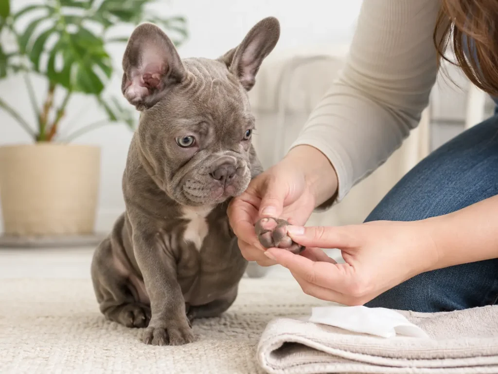 Lilac French Bulldog puppy having its paw checked for sensitive skin signs