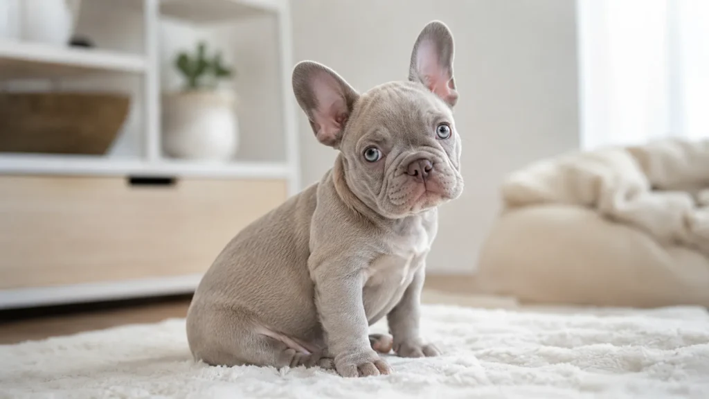 Lilac French Bulldog puppy sitting on a rug and looking curious