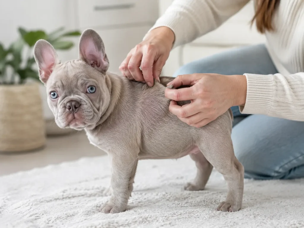 Lilac French Bulldog puppy with a healthy-looking coat sitting indoors.