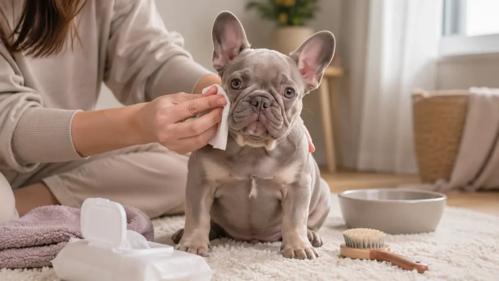 Lilac French Bulldog getting gentle wrinkle cleaning during a daily skin care routine