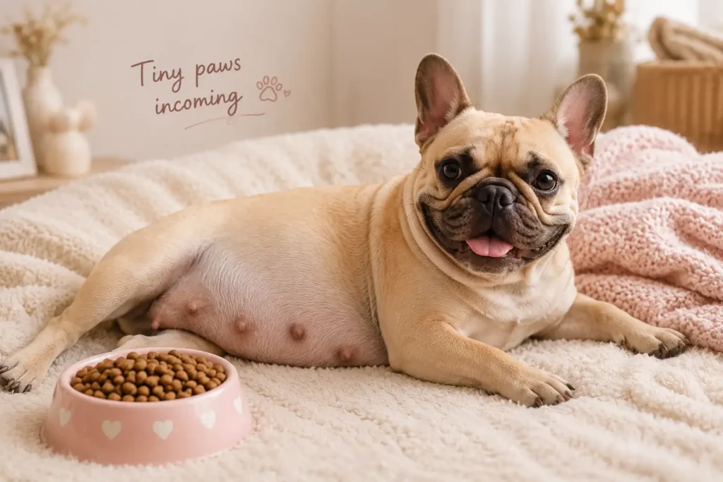 Pregnant Frenchie relaxing on a soft blanket near her food bowl