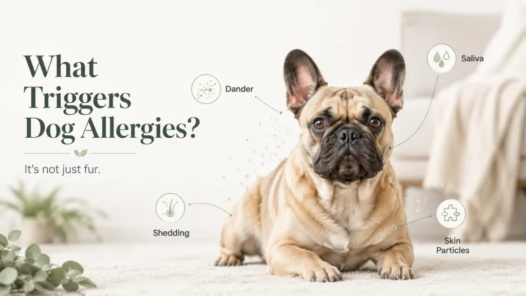 French Bulldog indoors with labels showing common dog allergy triggers including dander, saliva, shedding, and skin particles.