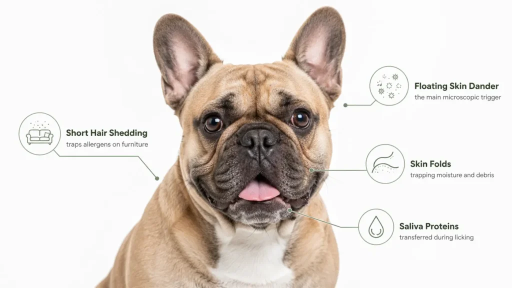 French Bulldog infographic showing allergy-related factors including short hair shedding, floating skin dander, saliva proteins, and skin folds.