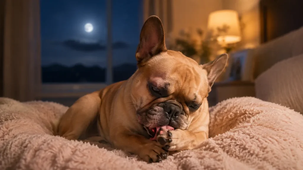 French Bulldog licking its paw at night on a bed, showing why your Frenchie licks their paws at night