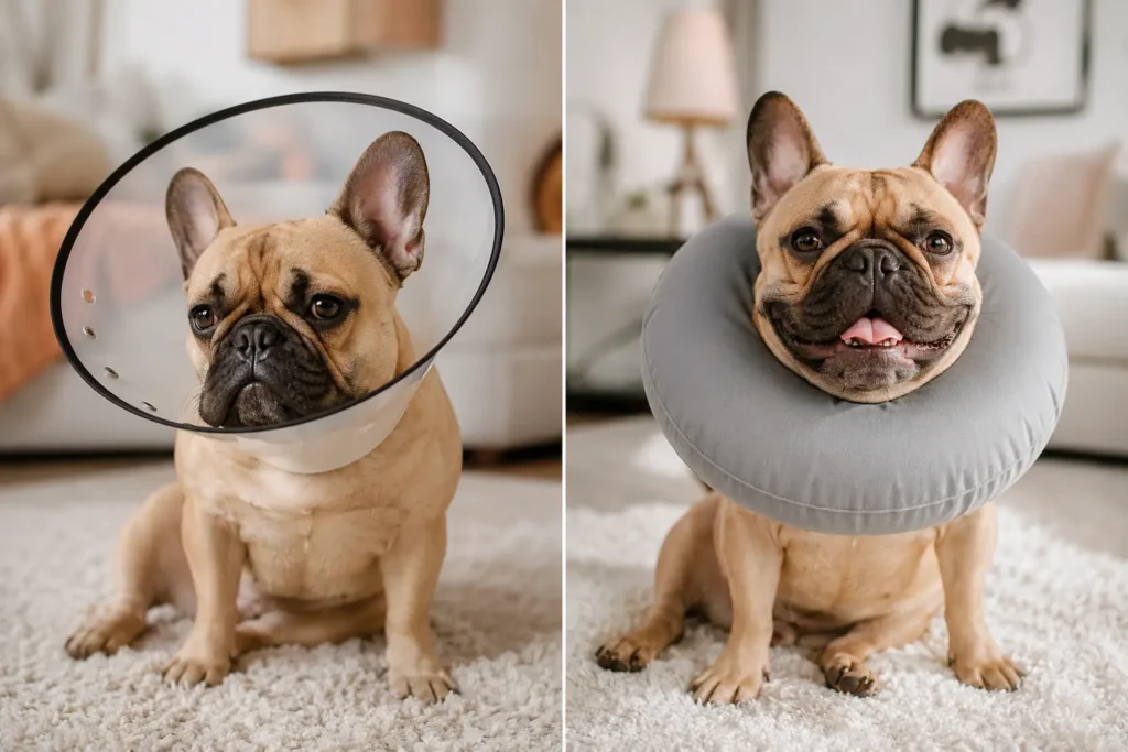 French Bulldog wearing a plastic cone beside a French Bulldog wearing an inflatable donut collar to prevent nighttime paw licking.