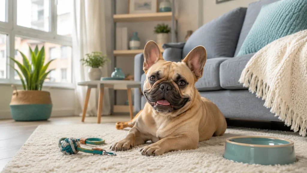 French Bulldog resting in a cozy apartment living room
