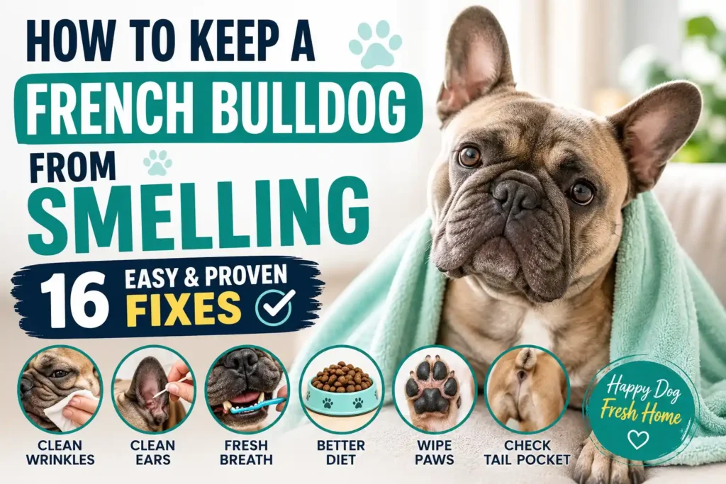 A French Bulldog wrapped in a towel next to 16 easy tips on how to keep a French Bulldog from smelling.