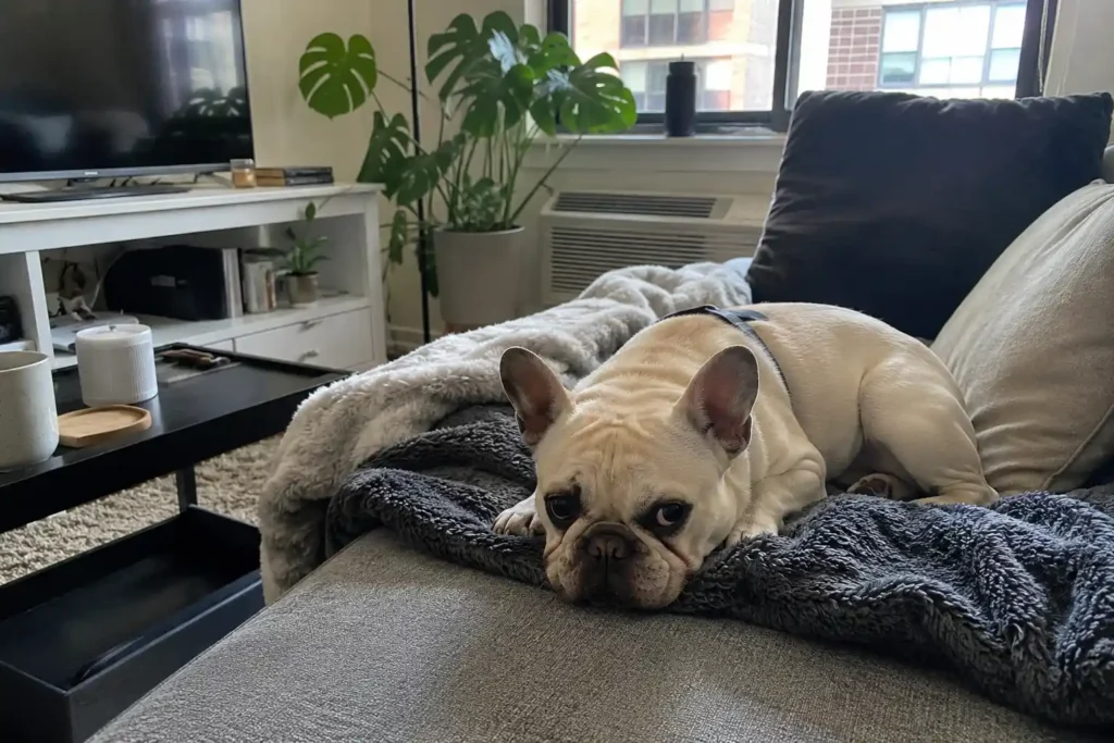 French Bulldog relaxing on a sofa in a small apartment