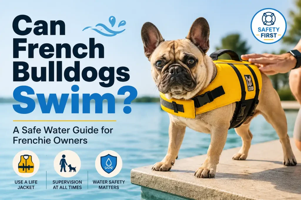 Can French Bulldogs swim? Frenchie wearing a life jacket by water