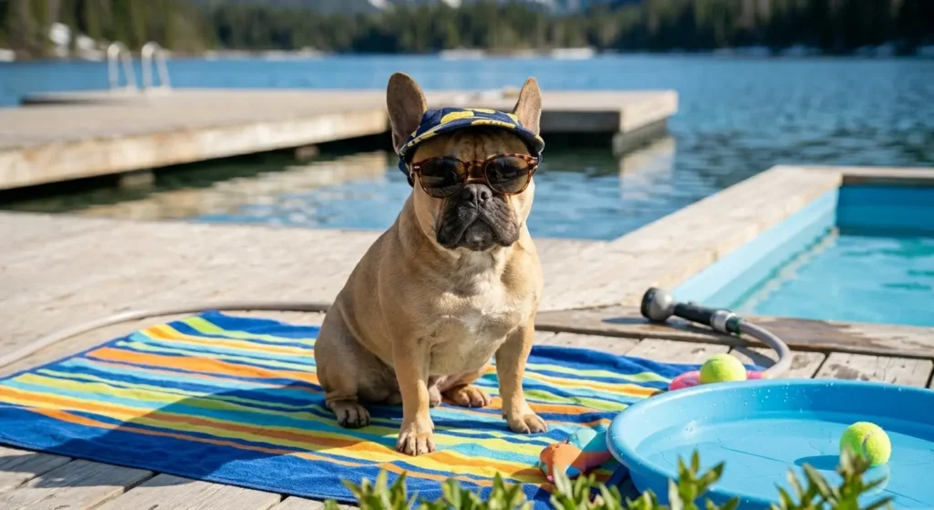 A stylish fawn French Bulldog wearing sunglasses and a sun hat, sitting on a beach towel next to a pool and lake dock.