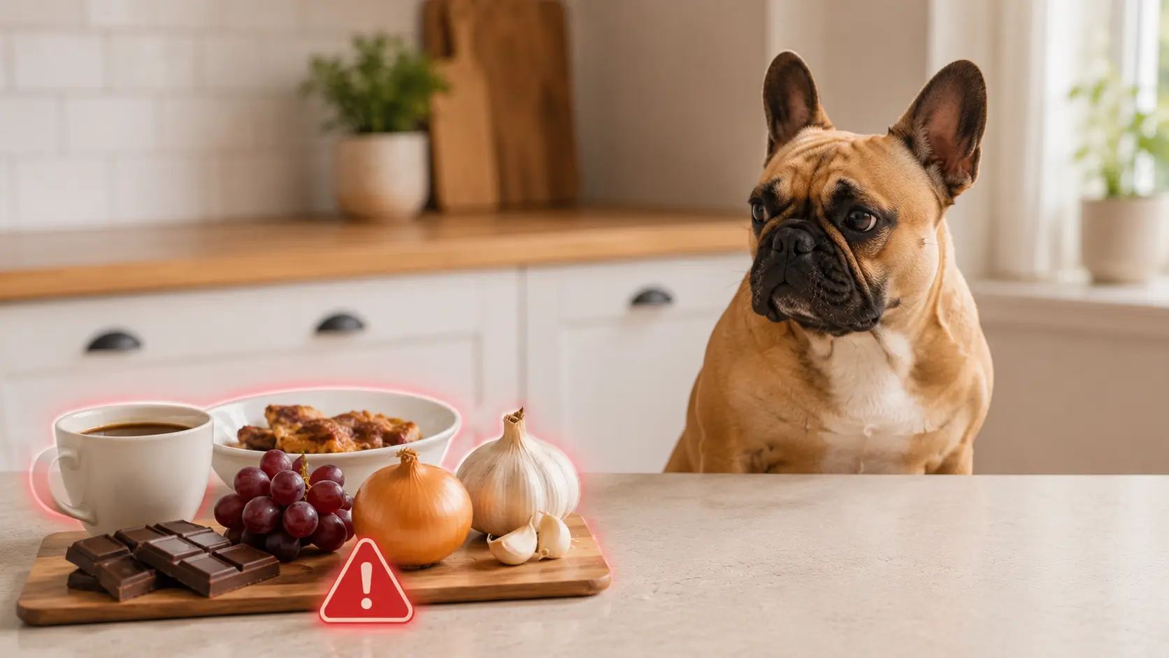 French Bulldog looking away from unsafe foods including chocolate grapes onion garlic coffee and fatty leftovers