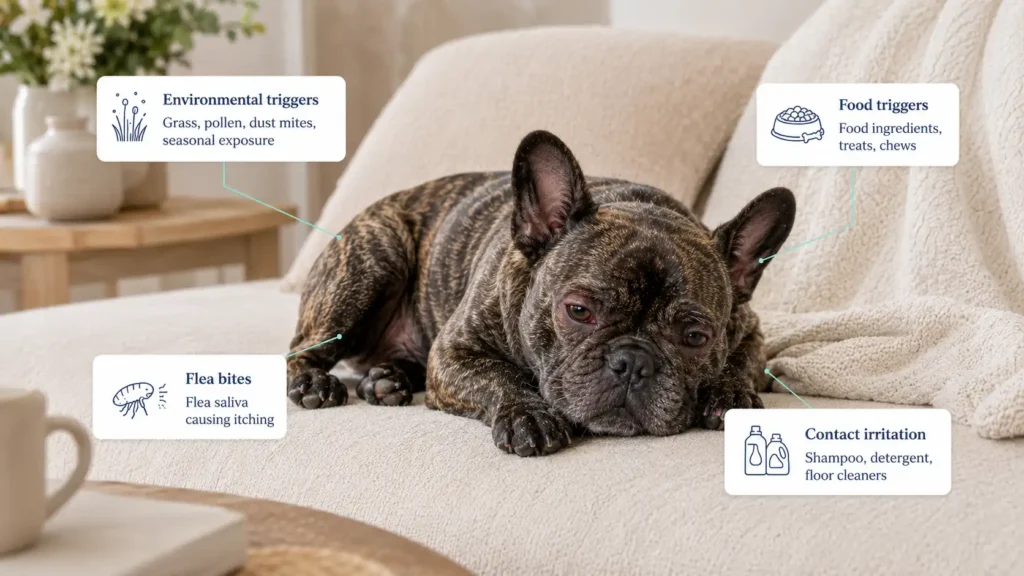 French Bulldog allergy causes image showing environmental triggers, food triggers, flea bites, and contact irritation