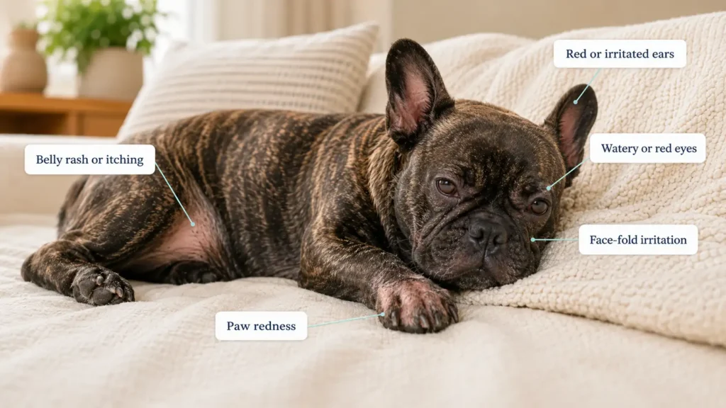 French Bulldog allergy symptoms showing watery eyes, irritated ears, face-fold irritation, belly rash, and paw redness