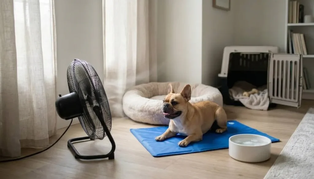 French Bulldog resting on a cooling mat in a cool indoor resting zone