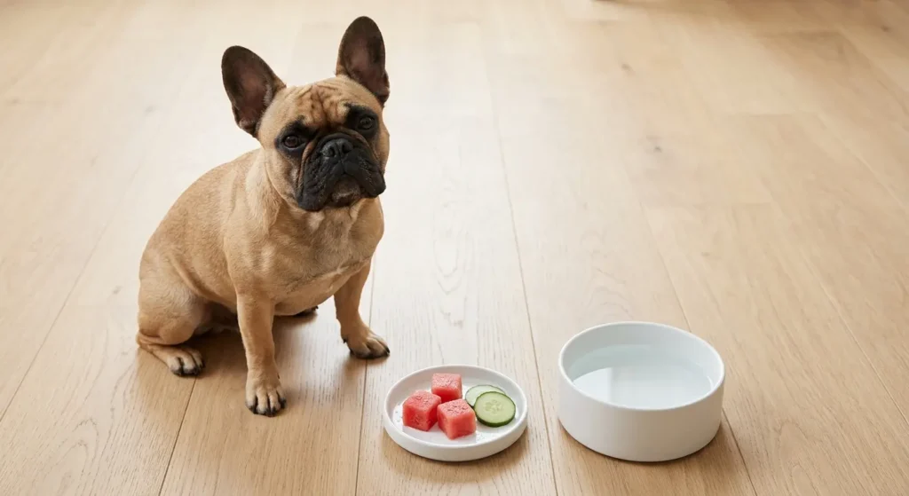 A French Bulldog sitting calmly on a light oak floor next to a small dish with seedless watermelon cubes, cucumber slices, and a fresh bowl of water.