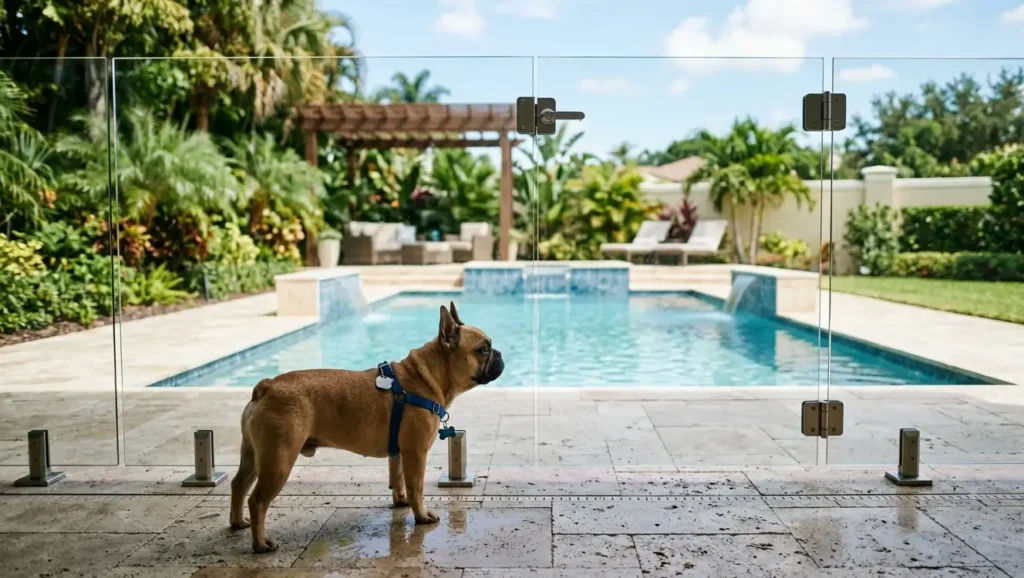  A stocky fawn French Bulldog standing safely on a dry stone patio, looking through a secure glass pool fence at a backyard swimming pool.